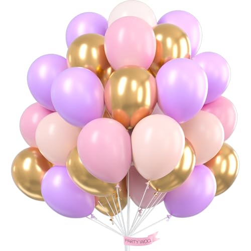 Image of PartyWoo Pink Purple and Gold Balloons 66pcs 12 Inch Baby Pastel Light Pale Pink Purple Metallic Gold Balloons for Graduation Baby Shower Birthday Butterfly Anniversary Princess Party Decorations