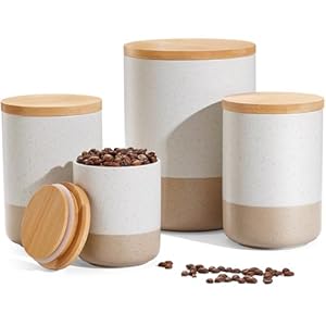 Yangbaga Canisters Sets for Kitchen Countertop-Set of 4 Ceramic Kitchen Canisters Food Storage Jar with Airtight Wood Lids & Spoons & Label,Large Flour and Sugar Containers for Serving Ground Coffee