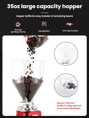 Image of Huanyu 60mm Flat Burr Coffee Grinder, Lockable Dial & Dual Dosing, Red