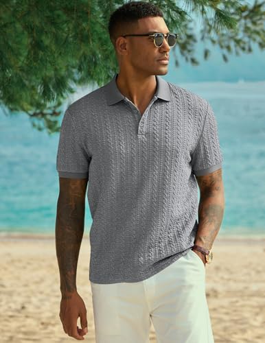 Image of JMIERR Men's Casual Polo Shirt Knitted Textured Short Sleeve Stretch Golf Shirt Summer Vacation Beach Collared Shirts