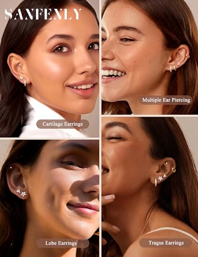 Sanfenly Hypoallergenic Flat Back Earrings for Women 20G Surgical Steel Earrings for Sensitive Ears Stainless Steel Earring Stacks 14K Gold Small Flatback Stud Hoop Cartilage Earring Sets for Multiple Piercing3