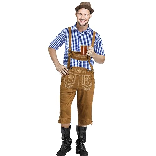 Pantalon En Cuir Bavarois Pour Homme Oktoberfest Pantalon Court En Cuir Avec Ceinture Taille 46-58, Beige, 50 Bref