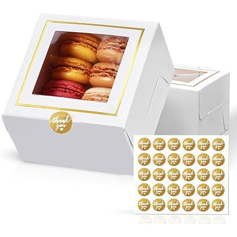 Mint Living White Bakery Boxes with Window (30pcs) 4x4x2.5 Inches - Small 4 Inch Cake Treat Cookie Macaron Dessert Pastry Donut Cupcake Mini 4x4 Gold Gift Box - Empaques Cajas Para Postres 4 x 4 Cover