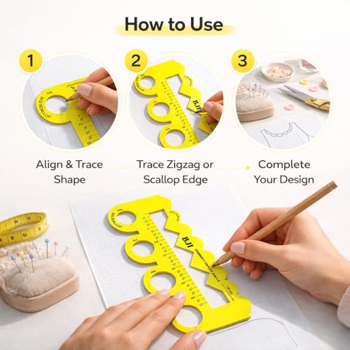Image of Prabhas Designs Scallop Scale Combos, Design Tool for Scallop, Zig-Zag, Straight, Circles, Flower, Triangle Patterns (Yellow 5in1,6in1 scallop)