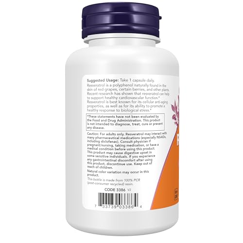 Image of NOW Foods Supplements, Extra Strength Resveratrol 350mg, Natural Trans Resveratrol from 700 mg Japanese Knotweed Extract, 60 Veg Capsule