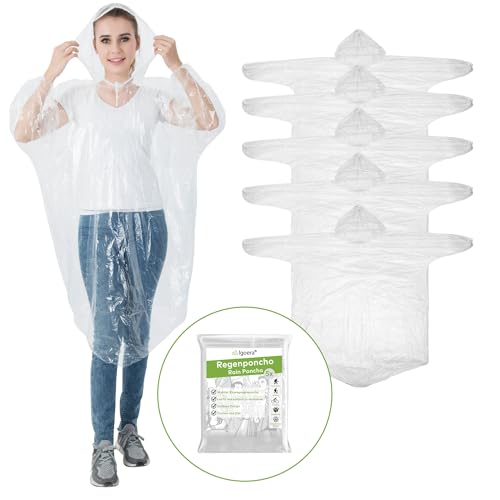 Igoera®️ chubasquero desechable, pack de 5 chubasqueros transparentes con capucha, poncho impermeable para festivales, conciertos y actividades al aire libre.