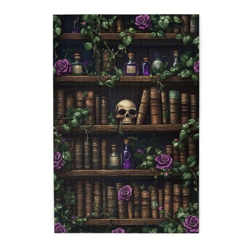 Liorosa Puzzle de 1000 pièces pour adultes – Bibliothèque enchantée avec crâne et roses, puzzle gothique en bois, défi de décoration académie sombre, oubliez les problèmes de la vie, œuvre d'art