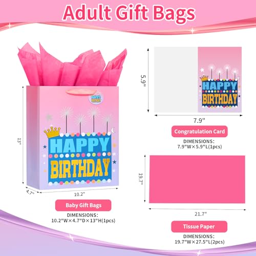 Image of Powbrace 13 inch Pink Happy Birthday Bag with Tissue Paper and Greeting Card for Party, Happy Birthday Gift Bag for Men Women,Gift Bags Medium size(1 PCS Pink, Gift Bag)
