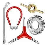 🚲 【Obtendrá】: 5 herramientas de llave de radios de bicicleta en el paquete, incluida 1 llave de 8 orificios (plateada), 1 llave de radios de bicicleta con mango de plástico (roja), 1 llave de válvula (dorada), 1 palanca de neumáticos (plateada) y una llave hexagonal en forma de Y (roja).