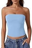 QINSEN Women Tube Top Summer Y2K Going Out Foldover Double Lined Basic Tank Top Sky Blue L