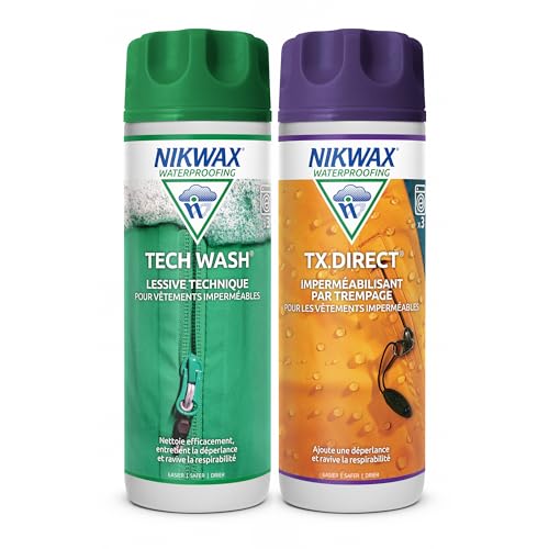 Pack duo NIKWAX TECH WASH et TX.Direct, Nettoyant et Imperméabilisant techniques pour vêtements imperméables, Nettoient, Imperméabilisent, Revitalisent la respirabilité, 2 x 300ml
