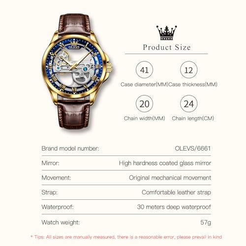 OLEVS Automatic Watch Men, Blue Skeleton Mechanical Watch, Self Winding Waterproof Leather Strap Wrist Watch, Roman Numeral Dial, Luxury Fashion Business Dress Watch, Valentines Day Gift for Him by OLEVS - Used condition - Image 6