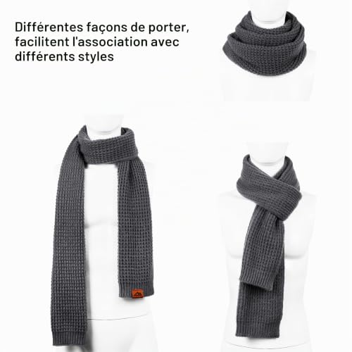 Loowoko Echarpe homme femme hiver, echarpe tricotée à motif gaufré classique - longue d'automne-hiver 180 * 30cm avec finition en cuir véritable, Idee cadeau homme femme – vue 7