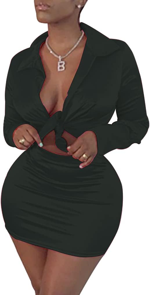 LuFeng Womens Satin Sexy Self Tie Front Long Sleeve 2 Piece Outfits Crop Top and Mini Bodycon Skirt Set - Image 2