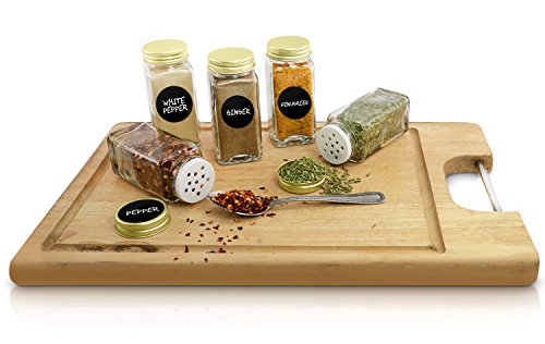 Nellam French Square Glass Spice Jars – Set of 12 with Shaker Lids and Chalkboard Sticker Labels, Small 4oz Bottles - Stackable Herbs and Spices Containers - Decorative Organizers in Gold