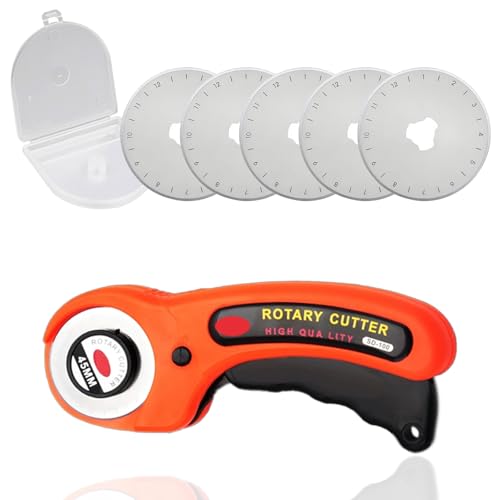 Obrotowy nóż krawiecki, nóż do cięcia okrągłych ostrzy ze stali nierdzewnej, nóż rolkowy 45 mm z 5 zapasowymi ostrzami, do pikowania, materiału, szycia, skóry