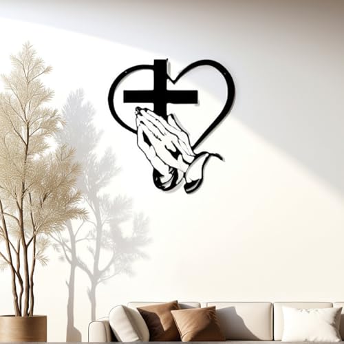 Elegant Metal Christian Heart & Cross Wall Art,Praying Hands Design,Cross Wall Sculptures,12/16/20 Iron Sculpture for Indoor/Outdoor,for Living Room,Office,Patio,Farmhouse Decor (M:15.75in)