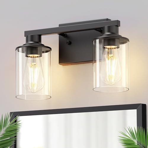 Image of DORESshop 2-Light Black Bathroom Light Fixtures Over Mirror with Clear Glass Shade, Vanity Lights for Bathroom Mirror Hallway Bedroom Living Room, ETL Listed