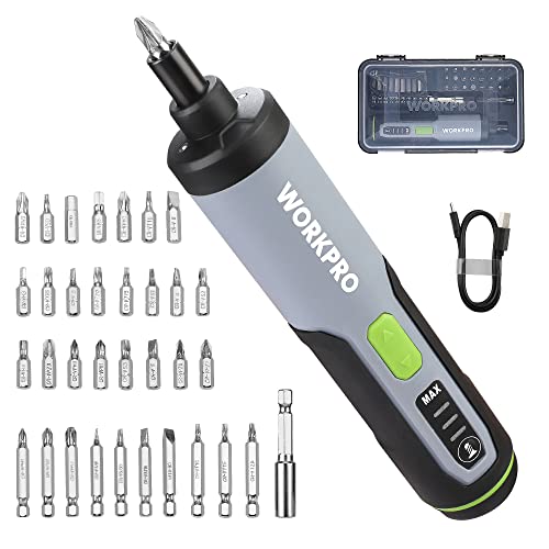 WORKPRO 4V Electric Screwdriver, Rechargeable Cordless Screwdriver Set with 35 Bits, Extension Rod, USB Charging Cable in Carrying Case, LED Light