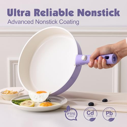 Image of SENSARTE 17 Piece Ceramic Pots and Pans Set, Nonstick Detachable Handle Cookware, Induction Kitchen Cookware Set with Removable Handle, Dishwasher & Oven Safe (Purple)
