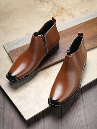Image of Men's Stylish Vegan Leather Chelsea Boots with Side Zipper & Elastic Panel, Square Toe Ankle Boot (Tan /Black /Brown)
