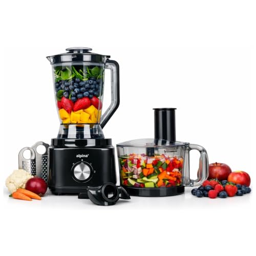 alpina Robot Cuisine FP413GS - Blender Smoothie 1.8L - Robot Multifonctions avec Lames et Râpes - Hachoir Électrique et Pétrin - 750W - Noir