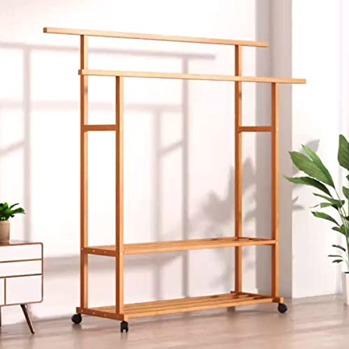 Image of Naayaab Craft Bamboo Free Standing Clothes Rail, Multifunctional Stand Rack, Wooden Coat Hanger With Dual Layer for Coat, Jacket, Umbrella, Clothes, Hats, Scarf, Handbags (Size-100x42x150cm)
