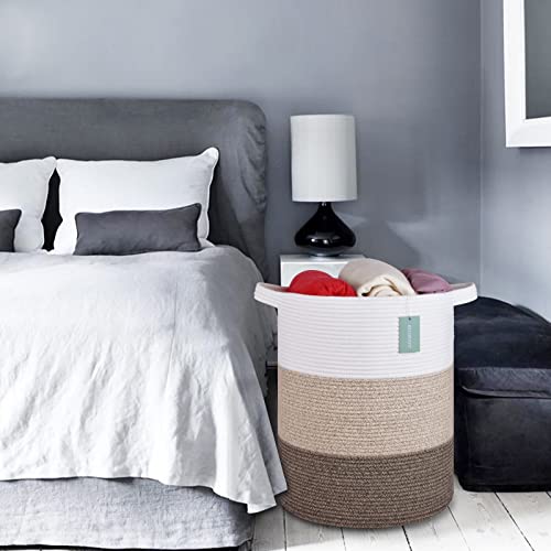 BOSROTY Large Blanket Basket, Nursery Hamper, Tall Laundry Basket 72L, Cotton Rope Woven Laundry Hamper for Storage Toys Clothes Towels, 40 x 55 CM, White & Gradient Brown - Image 8
