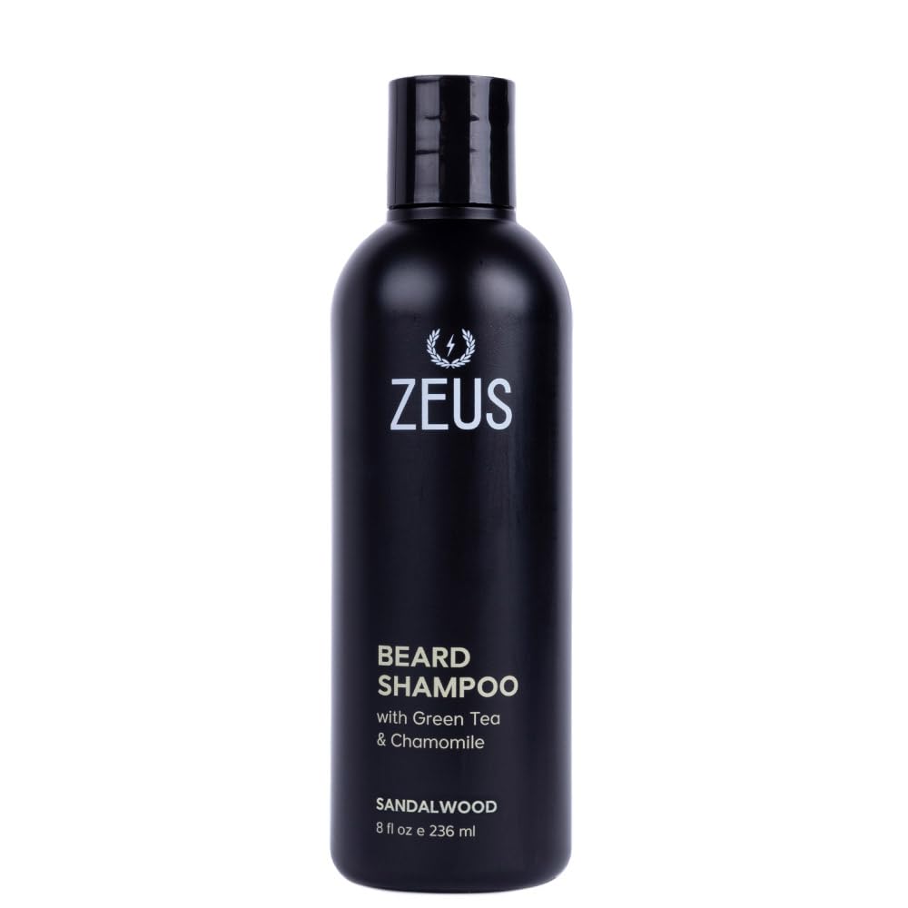 ZEUS Beard Shampoo Wash for Men with Natural Oils (8 fl oz) Sandalwood | Cleansing & Moisturizing Beard Wash with Green Tea & Chamomile for Healthier, Softer, Flake Free Beard Growth (Made in USA)