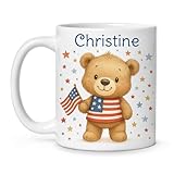 Personalized Adorable Bear Ceramic Cup, Custom Unique Name Coffee Mug 11oz 15oz, Cute Animal Lover White Coffee Cup, Custom Bear Holding American Flag Mug, Gifts for Children, Kids -  Handmade Customized Gifts