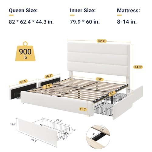 Allewie Modern Queen Size Platform Bed Frame with 4 Storage Drawers and Velvet Upholstered Headboard, Wooden Slats Support, Upholstered Mattress Foundation/No Box Spring Needed/Easy Assembly, White