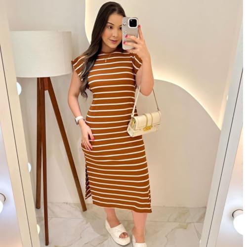 Vestido Feminino Ribana, Listrado, Manga Curta, Tamanho Único, Marrom com Listras Brancas, Casual