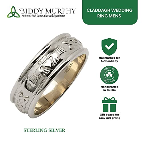 Biddy Murphy Men's Irish Claddagh 925 Sterling Silver Wedding Ring 1/4" Band, Traditional Celtic Jewelry Made In Ireland & Crafted By Irish Artisan Jewelers Co. Wicklow, Size 12 #TOP1