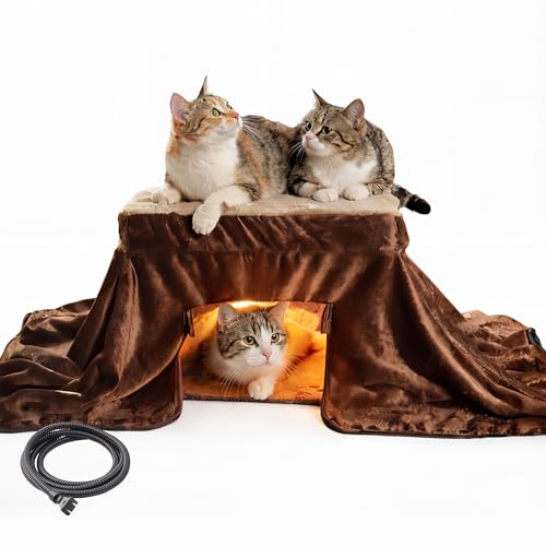 Heated Cat House & Cat Cave Bed for Indoor Cats Enclosed Top-Surface Heating Design with Heat-Retaining Cover Winter Hideaway Detachable Lid & Mat Washable 17.7 12.6 12.6 in Fits Up to 3 Cats