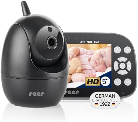 Reer BabyCam Pro HD Move Video-Babyphone, 5 Zoll HD, 300 m, Schwarz/Grau | 350° schwenkbar, 80° neigbar, Nachtsicht, 4-fach Zoom, Vibrationsalarm, VOX-Funktion und Splitscreen für