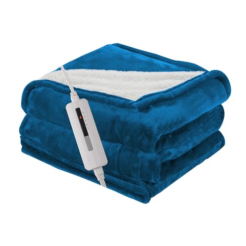 RALYSUN Electric Heated Blanket Throw Size 50"x60", 5 Heat Settings- 3H Auto Shut Off Flannel Material&Sheepskin Fabric, Machine Washable, Lake Blue&White