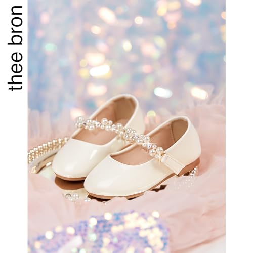 THEE BRON Toddler Mary Janes Ballet Dress Flats Flower Girl Sparkly Pearl Shoes(AF476 Toddler,Ivory/7M)