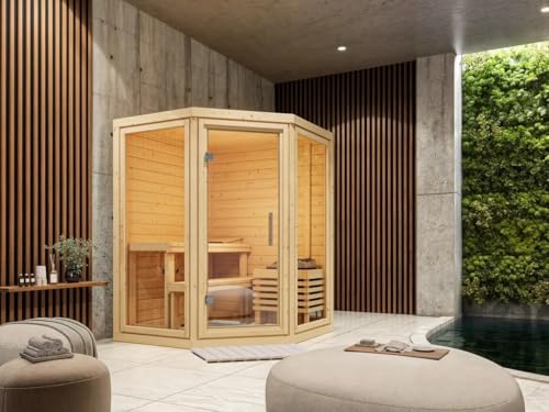 Yalda Massivholzsauna, Braun, 158x158x207 cm, Ecksauna, SPARSET Set inklusive 9 kW Bio Ofen mit externer Steuerung, Eckeinstieg, Massivholz, 0 x 0 x 0 cm