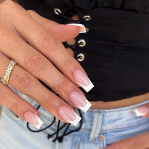 Medium Square Press on Nails - Classic White V-Tip French Manicur...