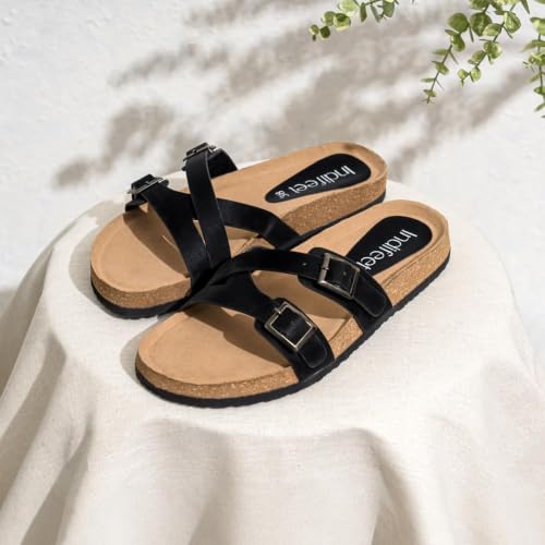 Image of Indifeet Daily Use Stylish Buckle Casual Cork Sandals for Women | Comfortable Arch Support Slippers with Adjustable Double Straps, Daily Use Flats, Light Weight Slides, Office, Outdoors, Home