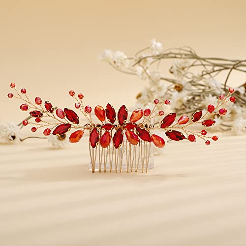 Teyglen Bridal Red Rhinestone Crystal Hair Comb Headband Handmade Wedding Hair Pieces for Bride Floral Headpieces Hair Accessories for Women Girls (Red)