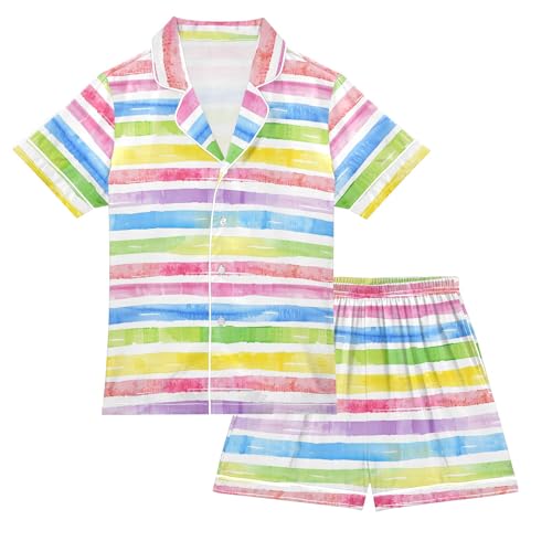Rainbow Stripes Summer Satin Pajama Set, Cute Button-Down Sleepwear Pj Set for Sleep Wears
