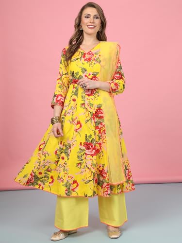Image of A.T.U.N. (ALL THINGS UBER NICE) Womens Floral Printed Angrakha Pure Cotton Kurta with Palazzos & Dupatta Set | Traditional Ethnic Wear Clothing Set