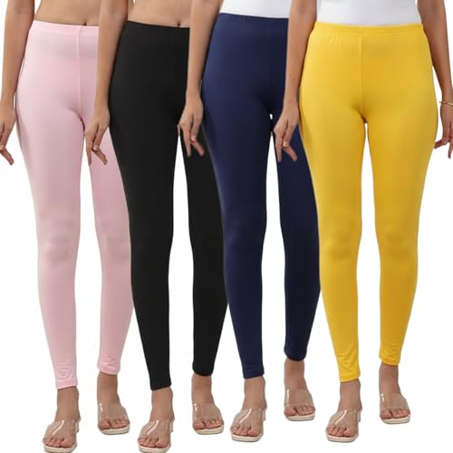 Image of Volex Women and Girls Full Length Leggings | Cotton Spandex /Elastane 4 Way Stretchable | Casual Slim fit Ultra Soft Leggings-Pack of 4
