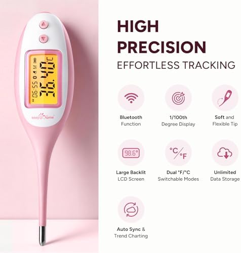Easy@Home Bluetooth Basal Thermometer: Smart BBT for Ovulation with Large Backlit LCD Screen, 1/100th High-Precision Tracker & 30-Reading Memory | Compatible Premom App | EBT-770 - 1