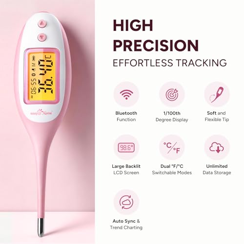 Easy@Home Bluetooth Basal Thermometer: Smart BBT for Ovulation with Large Backlit LCD Screen, 1/100th High-Precision Tracker & 30-Reading Memory | Compatible Premom App | EBT-770