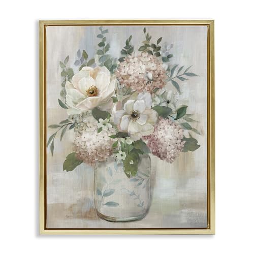 Hydrangeas Magnolias Bouquet Floral, 17 x 21 Inch Canvas in Floater Frame