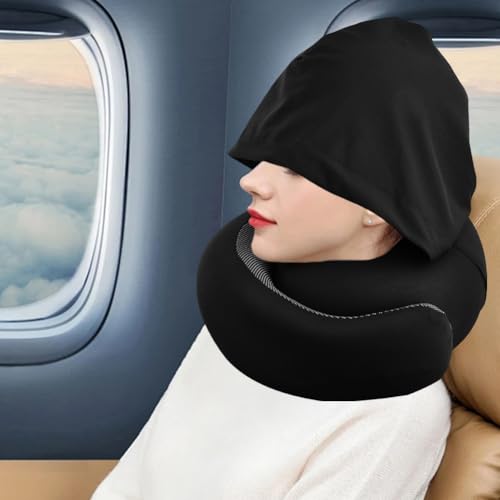 Image of Travel Pillow - Hooded Neck Pillow for Travel, Airplane Neck Pillows Stowable Hood, Memory Foam Head Chin Support Pillows for Office /Airplane /Car(Color:Black)