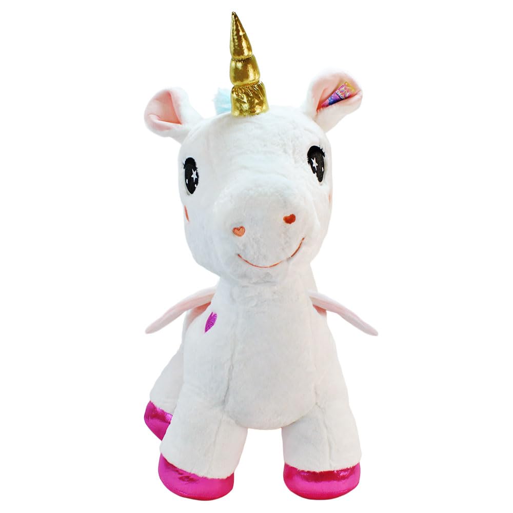 BEMIRO XXL Einhorn Kuscheltier – ca. 90 cm – großes Plüschtier mit goldenem Horn und Glitzerherzen – Farben Rosa oder Weiß wählbar