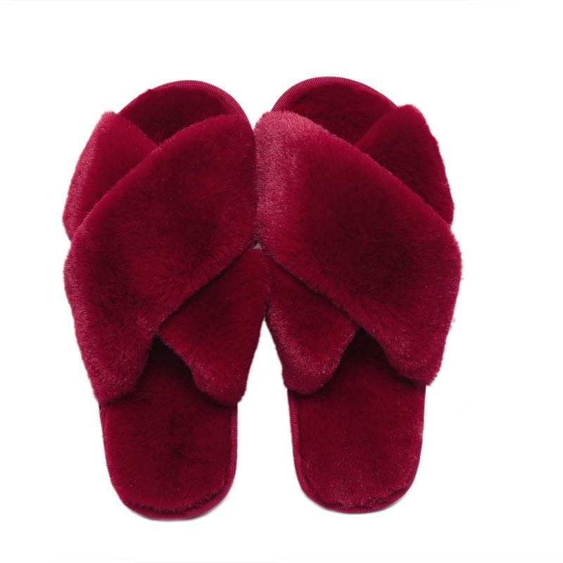 The Season Essentials U-slide Women’s Cross Band Soft Plush Fluffy Furry Fleece House Indoor or Outdoor Ladies’ Slide Slippers (Burgundy, S/5-6)
